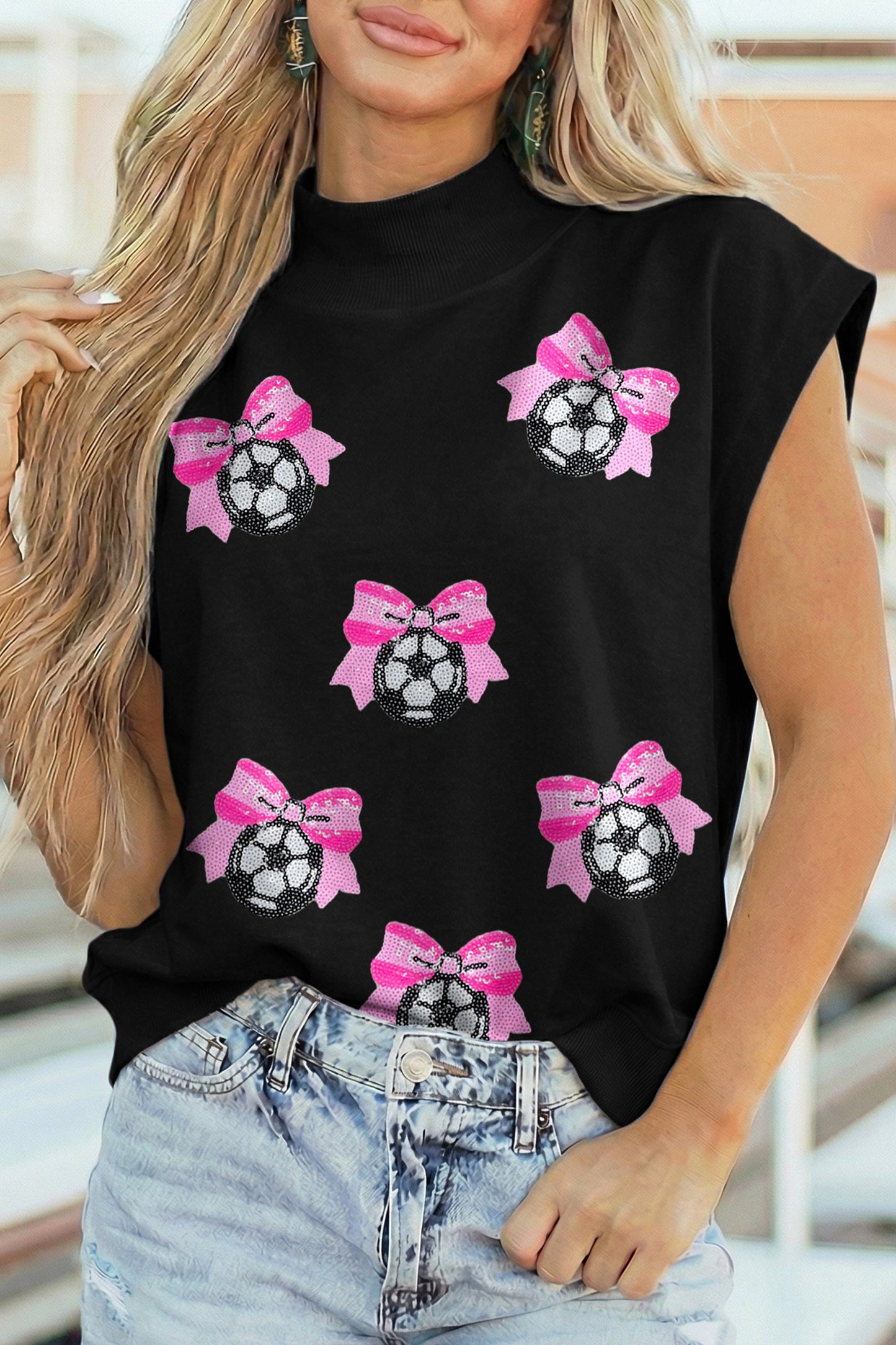 Black Sequin Bow Soccer Ball High Neck Short Sleeve Top