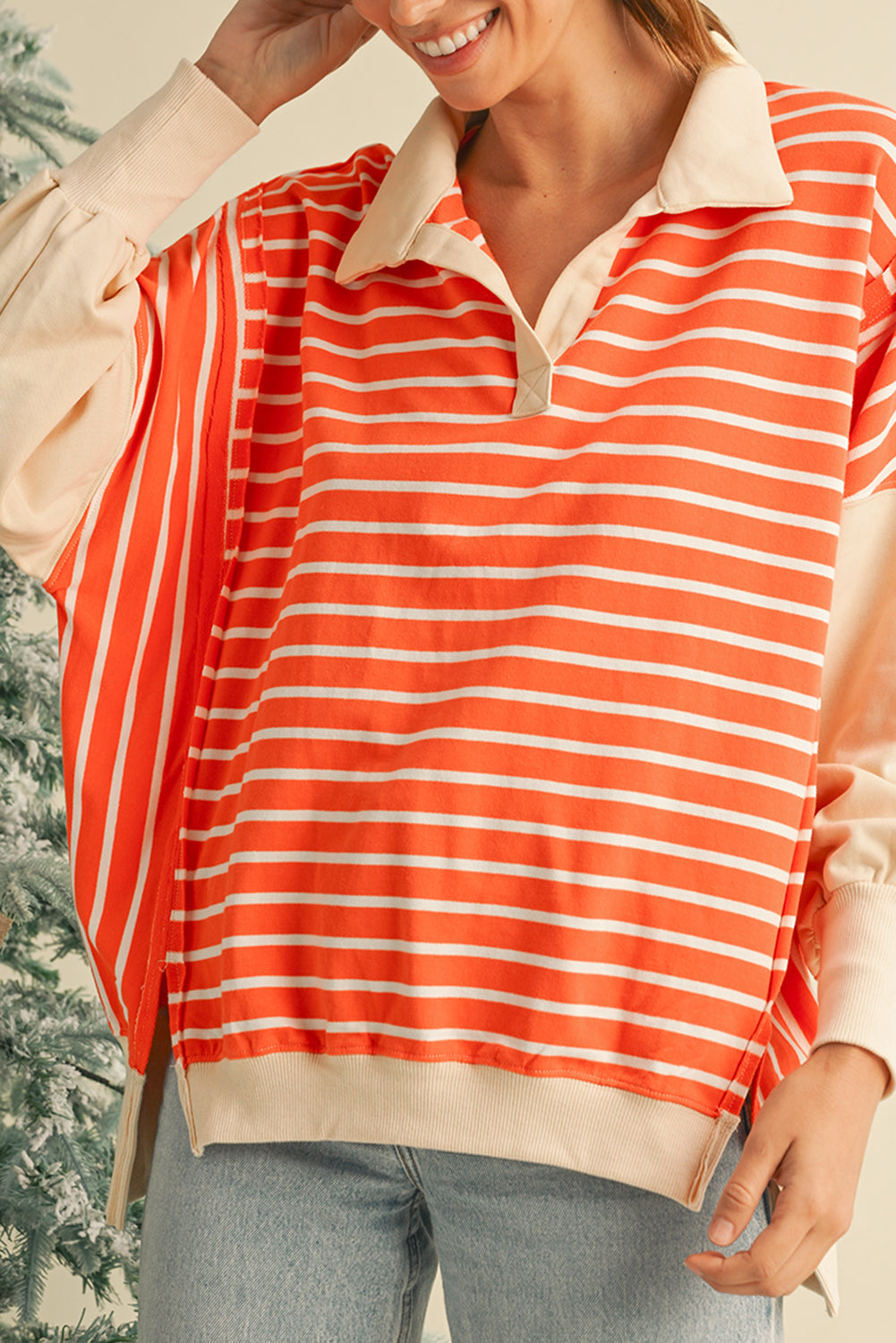Orange Stripe Color Block Loose Fit Collared Drop Shoulder Sweatshirt