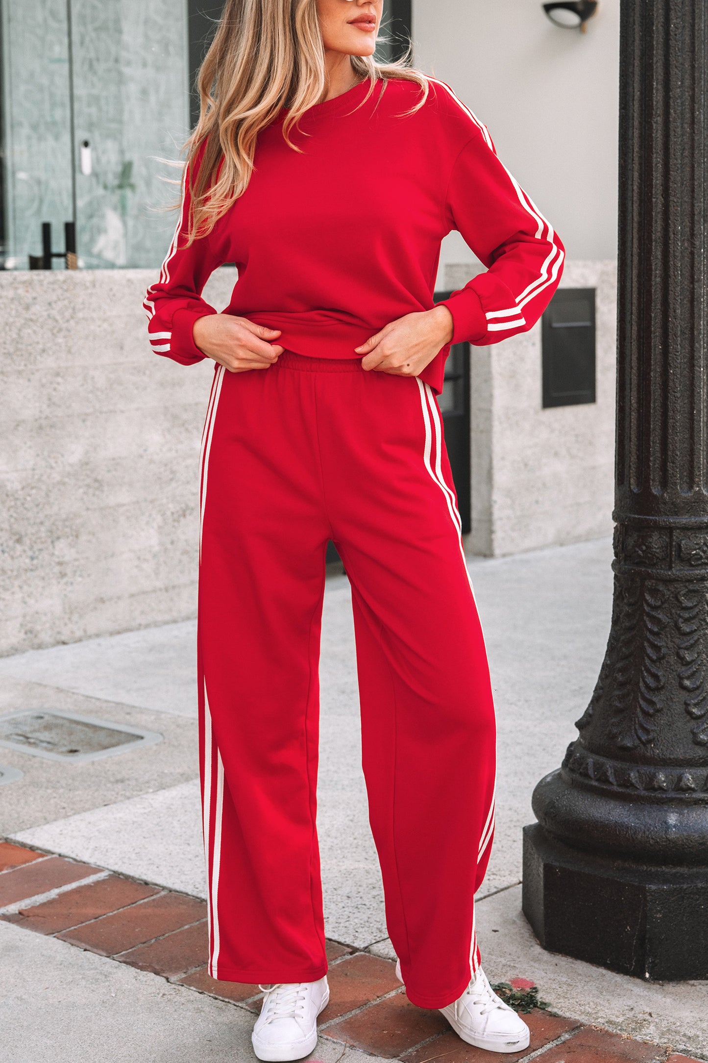 Fiery Red Varsity Striped Detail Crewneck Pullover Elastic Sweatpants 2pcs Outfit