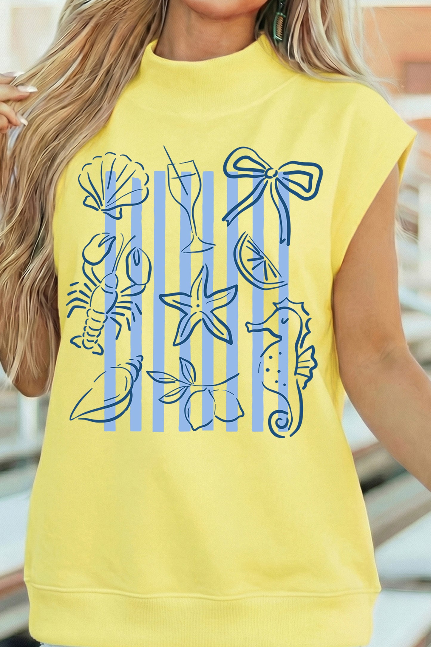 Yellow Seashell Coquette Striped Print High Neck Top
