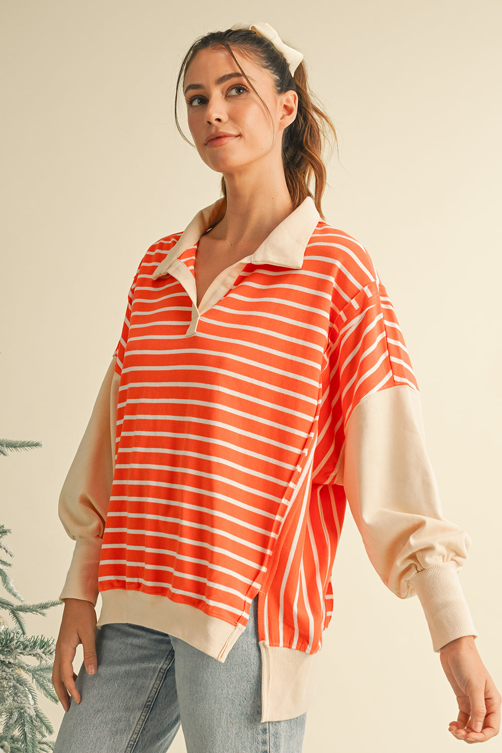 Orange Stripe Color Block Loose Fit Collared Drop Shoulder Sweatshirt