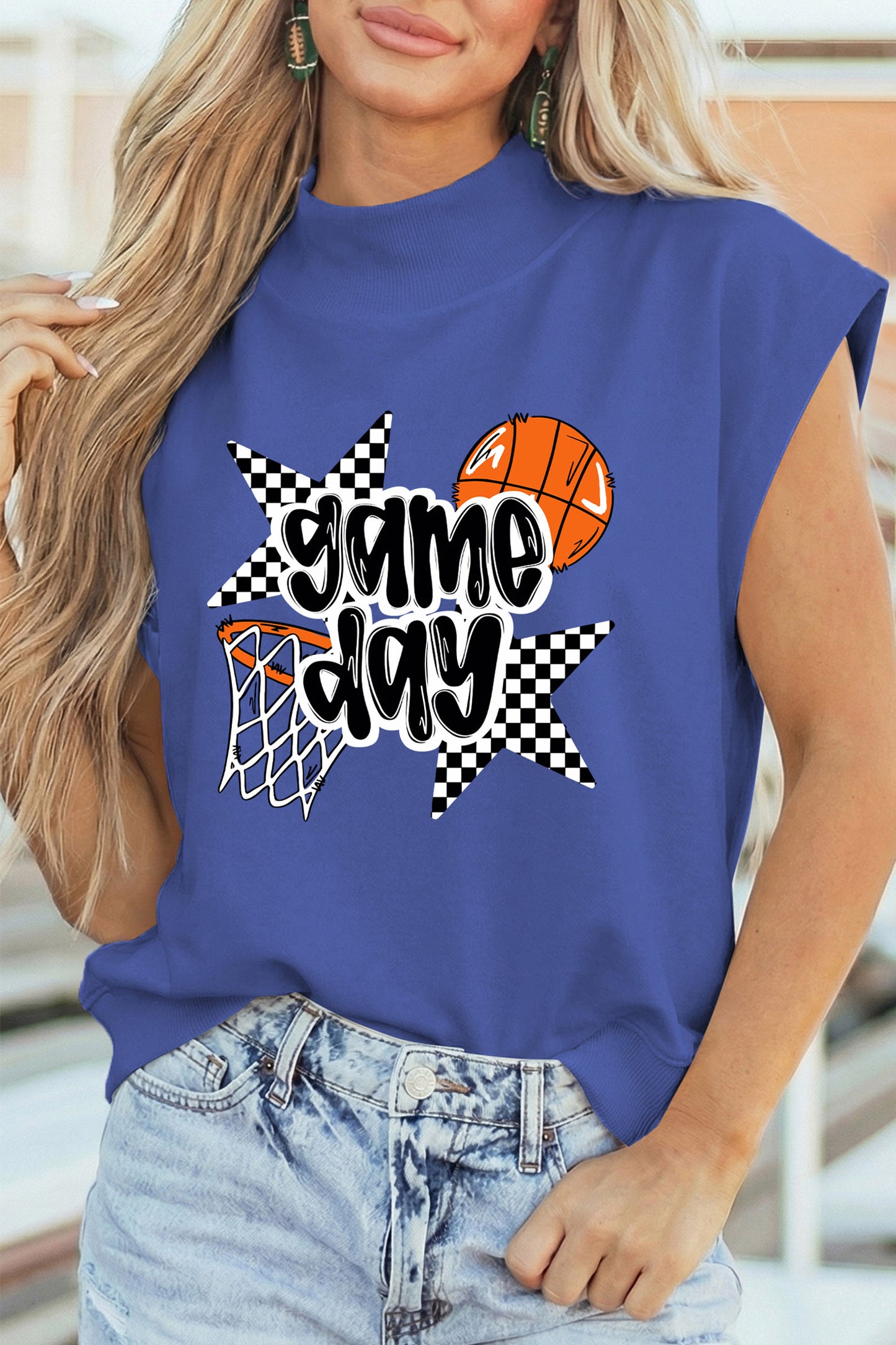 Sky Blue game day Basketball Motif Printed High Neck Tee