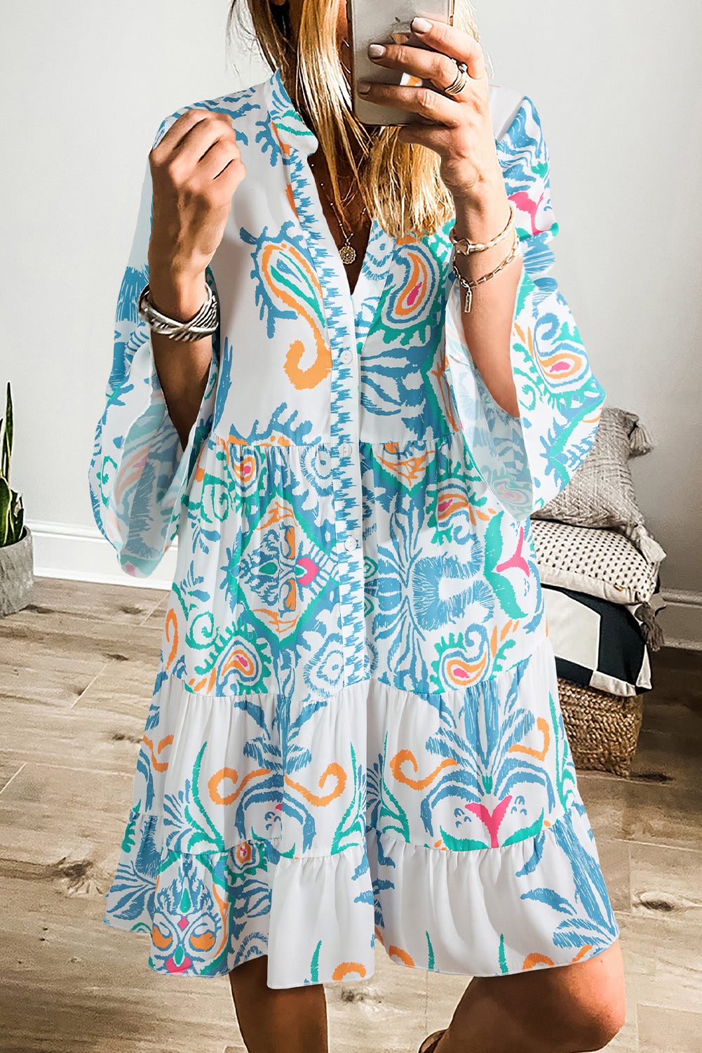 White Ethnic Print Boho Button Tiered Mini Dress