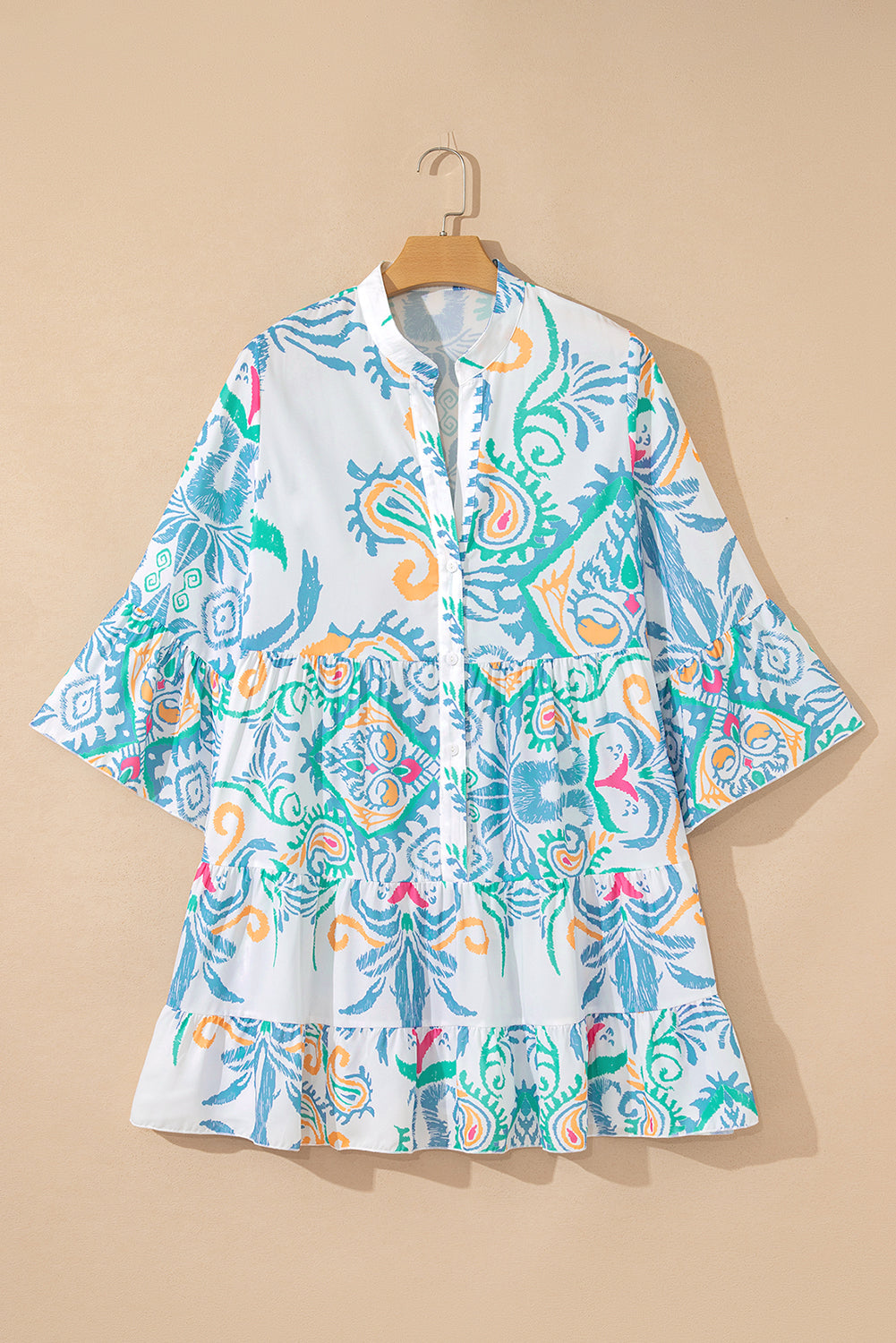 White Ethnic Print Boho Button Tiered Mini Dress