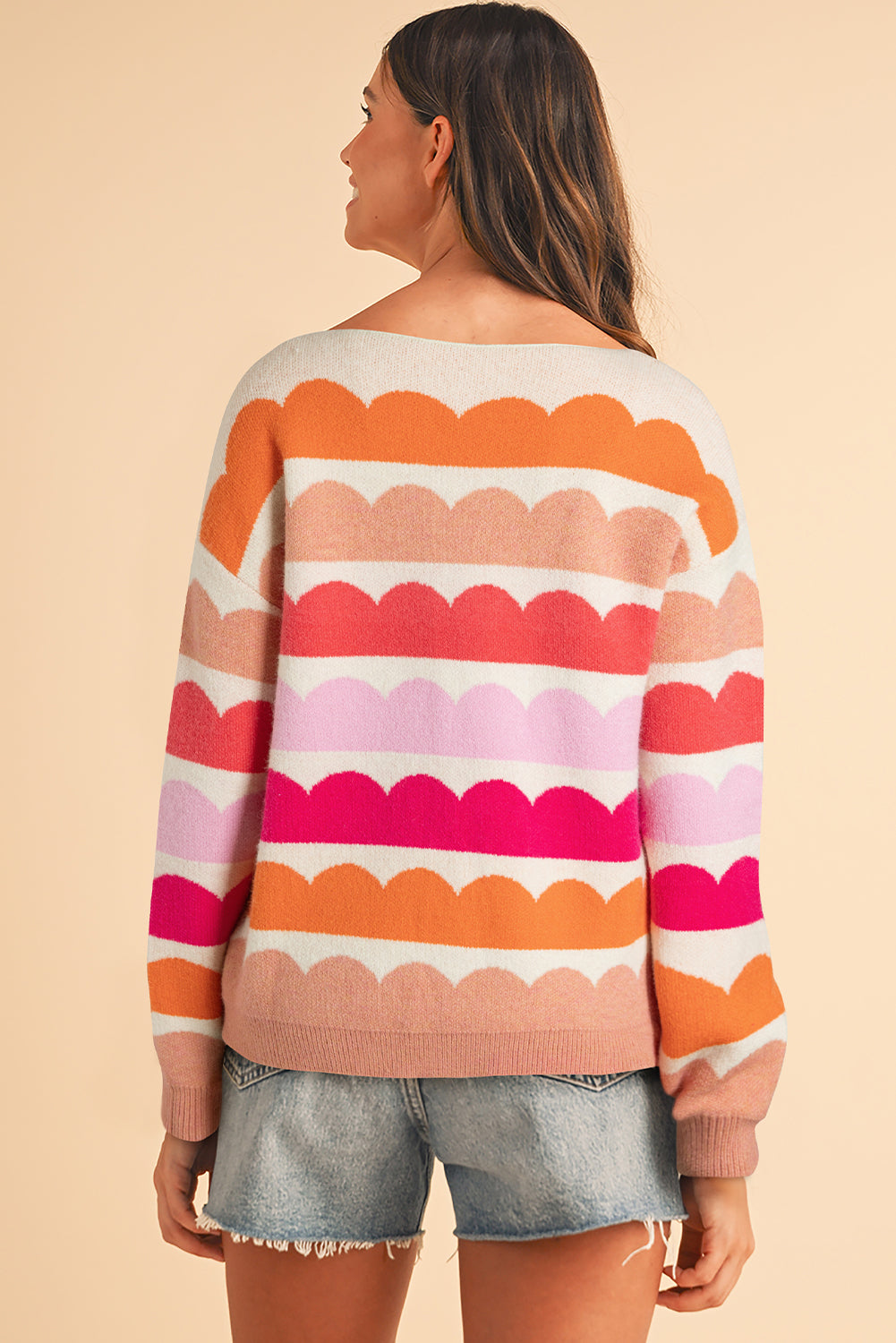 Rose Red Wave Striped Balloon Sleeve Drop Shoulder Sweater
