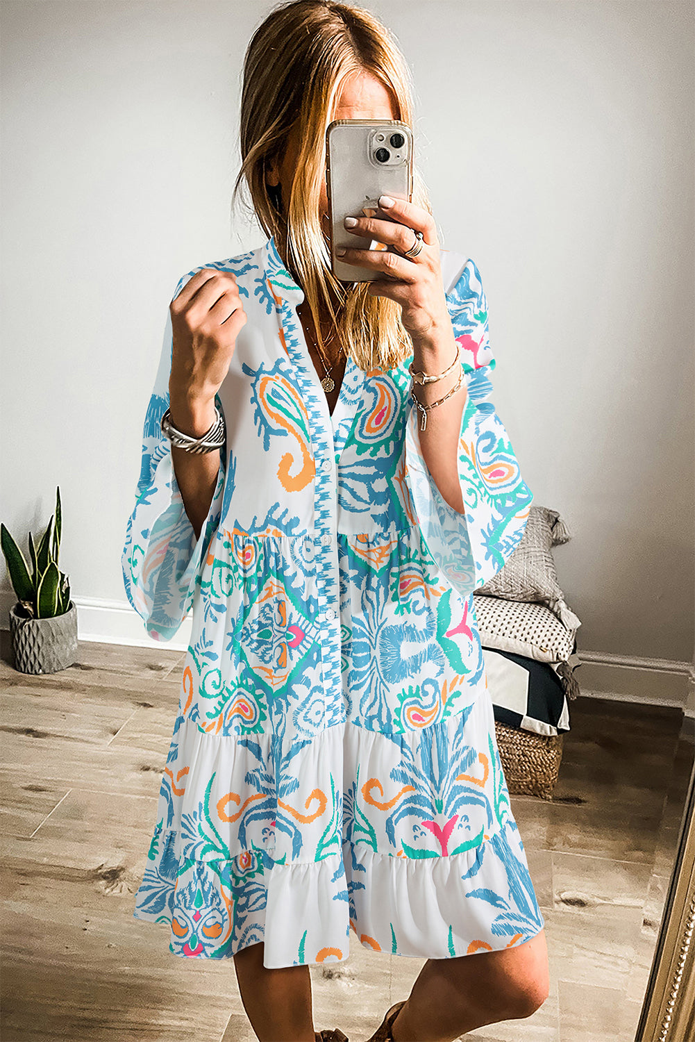 White Ethnic Print Boho Button Tiered Mini Dress