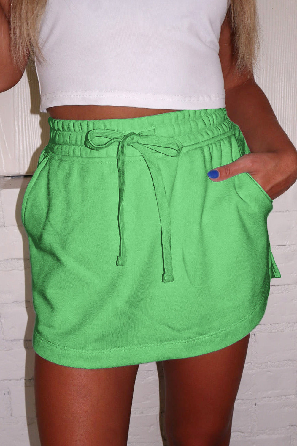 Black French Terry Drawstring Mini Skort with Pockets