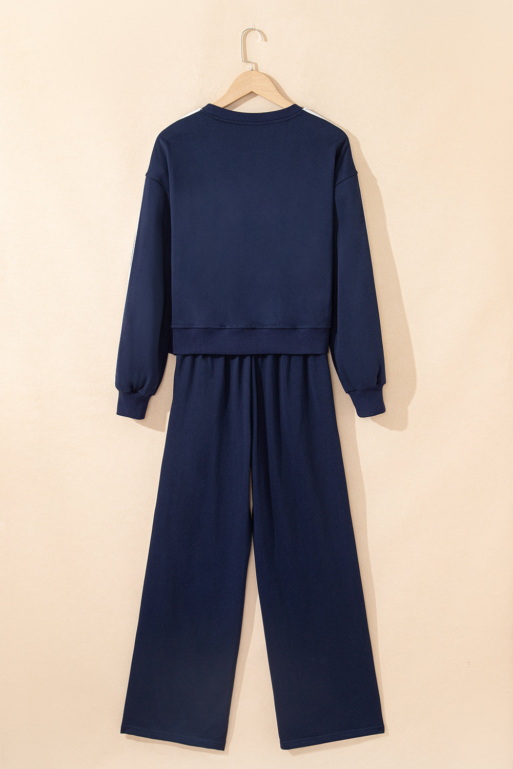 Dirty Blue Varsity Striped Detail Cropped Pullover Wide Leg Pants 2pcs Outfit