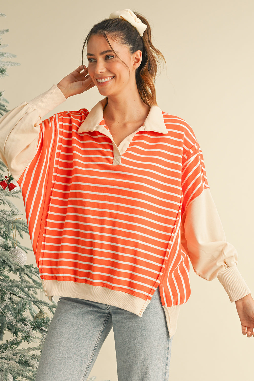 Orange Stripe Color Block Loose Fit Collared Drop Shoulder Sweatshirt
