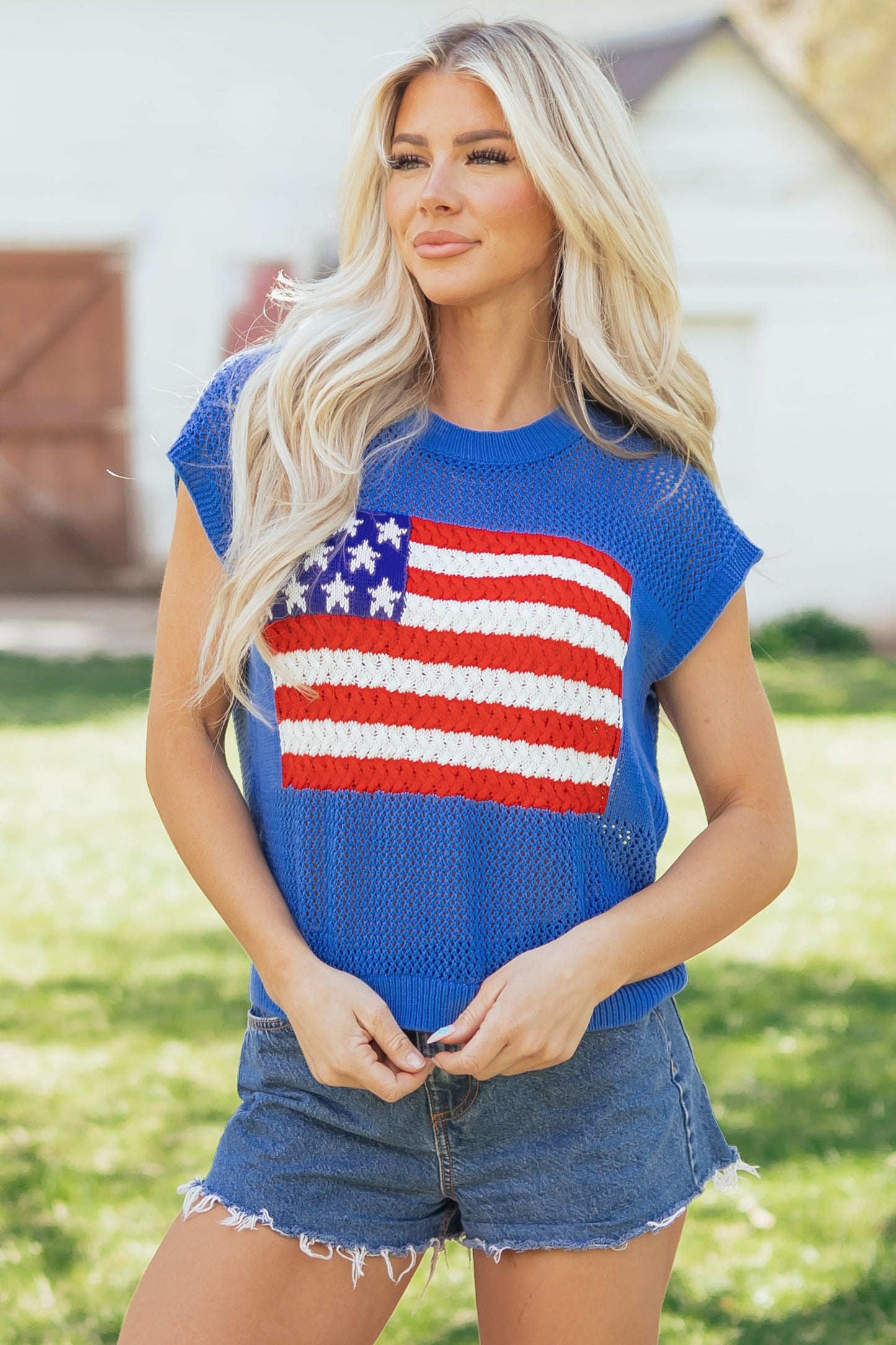 Fiery Red Flag Graphic Short Sleeve Sweater Top