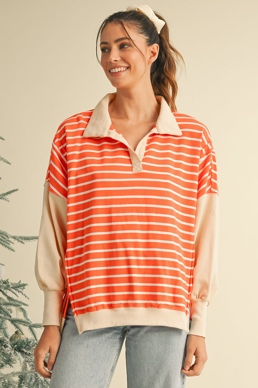 Orange Stripe Color Block Loose Fit Collared Drop Shoulder Sweatshirt