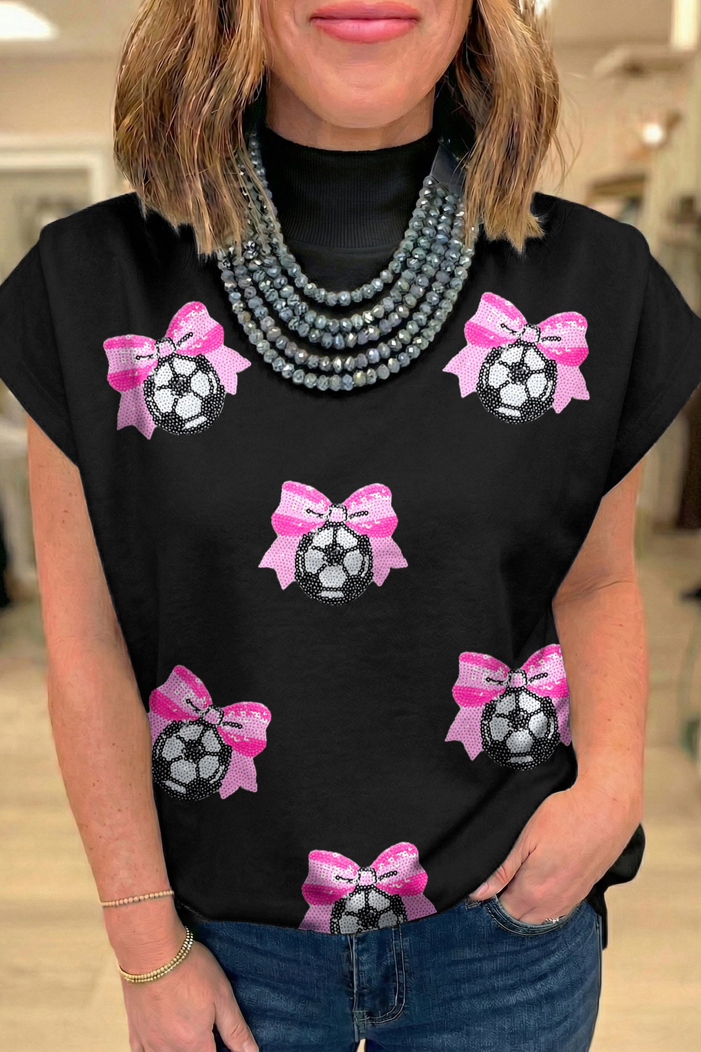 Black Sequin Bow Soccer Ball High Neck Short Sleeve Top