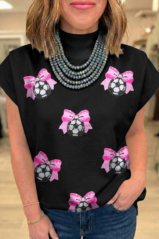 Black Sequin Bow Soccer Ball High Neck Short Sleeve Top