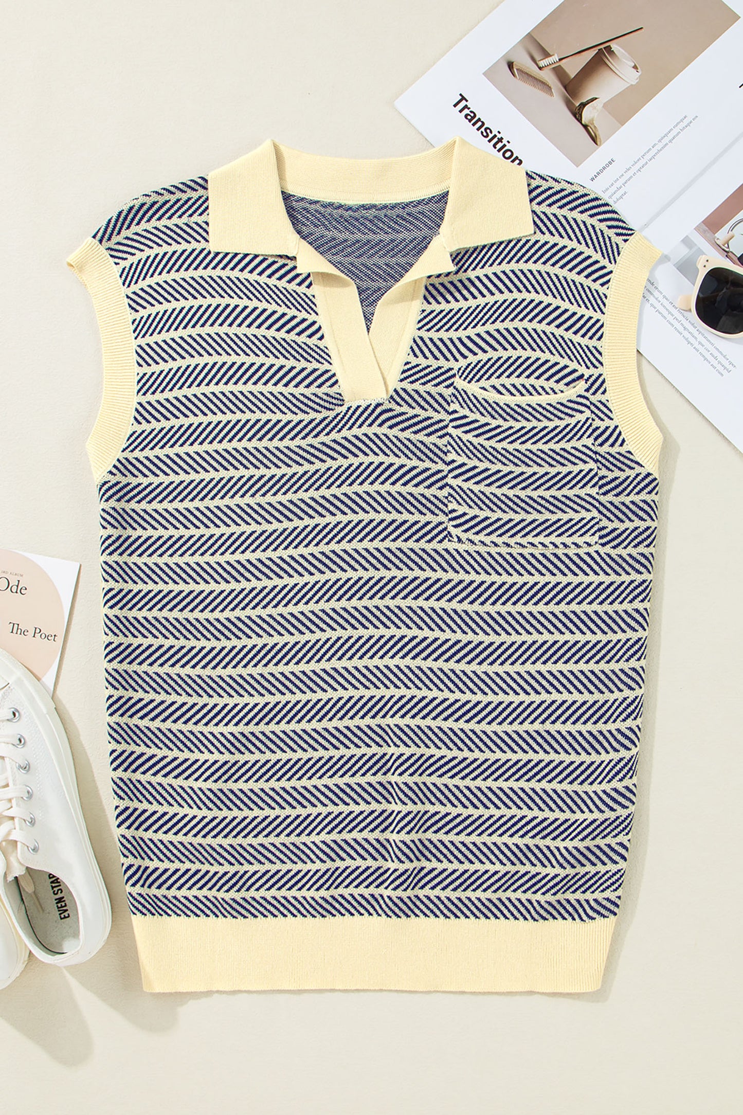 Navy Stripe Contrast Trim Sleeveless Polo Collar Sweater
