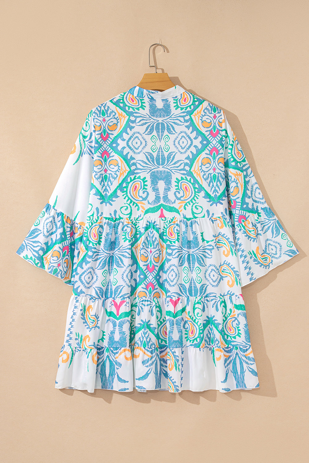 White Ethnic Print Boho Button Tiered Mini Dress