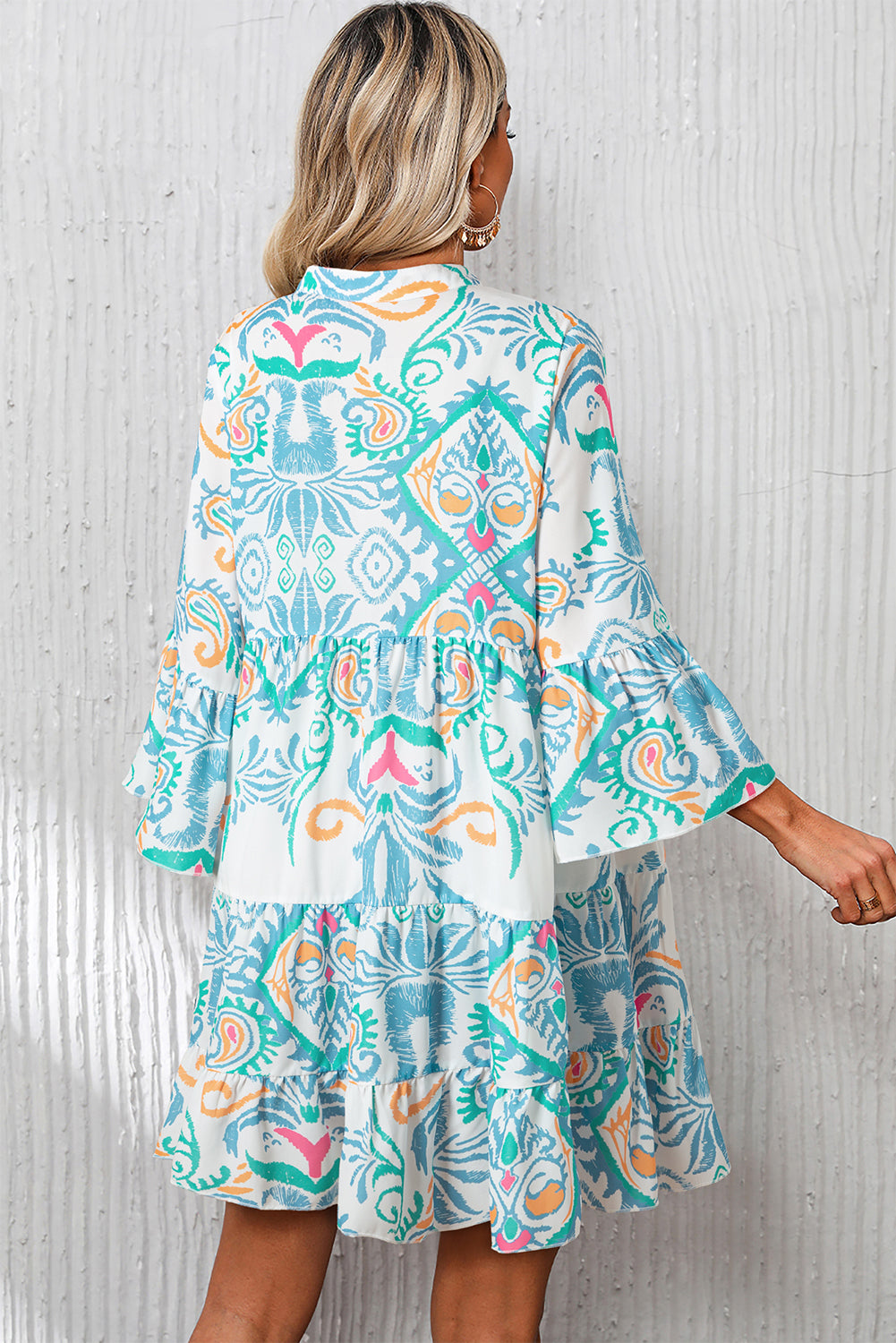 White Ethnic Print Boho Button Tiered Mini Dress