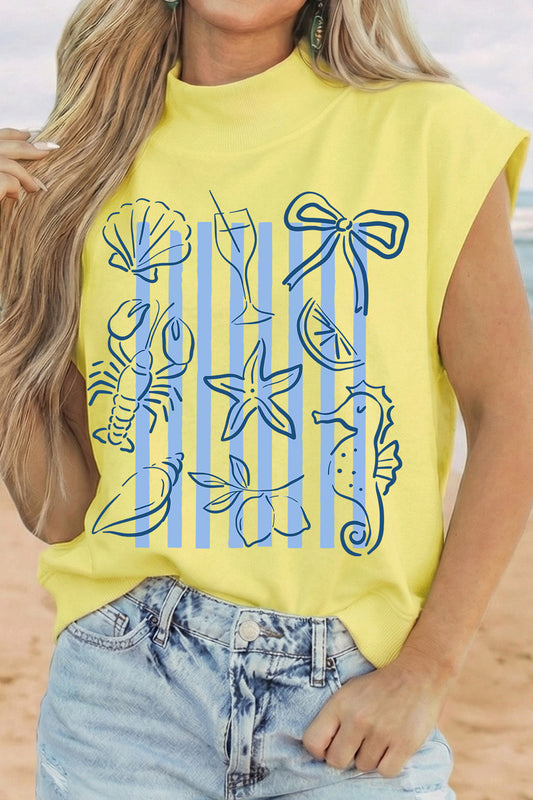 Yellow Seashell Coquette Striped Print High Neck Top