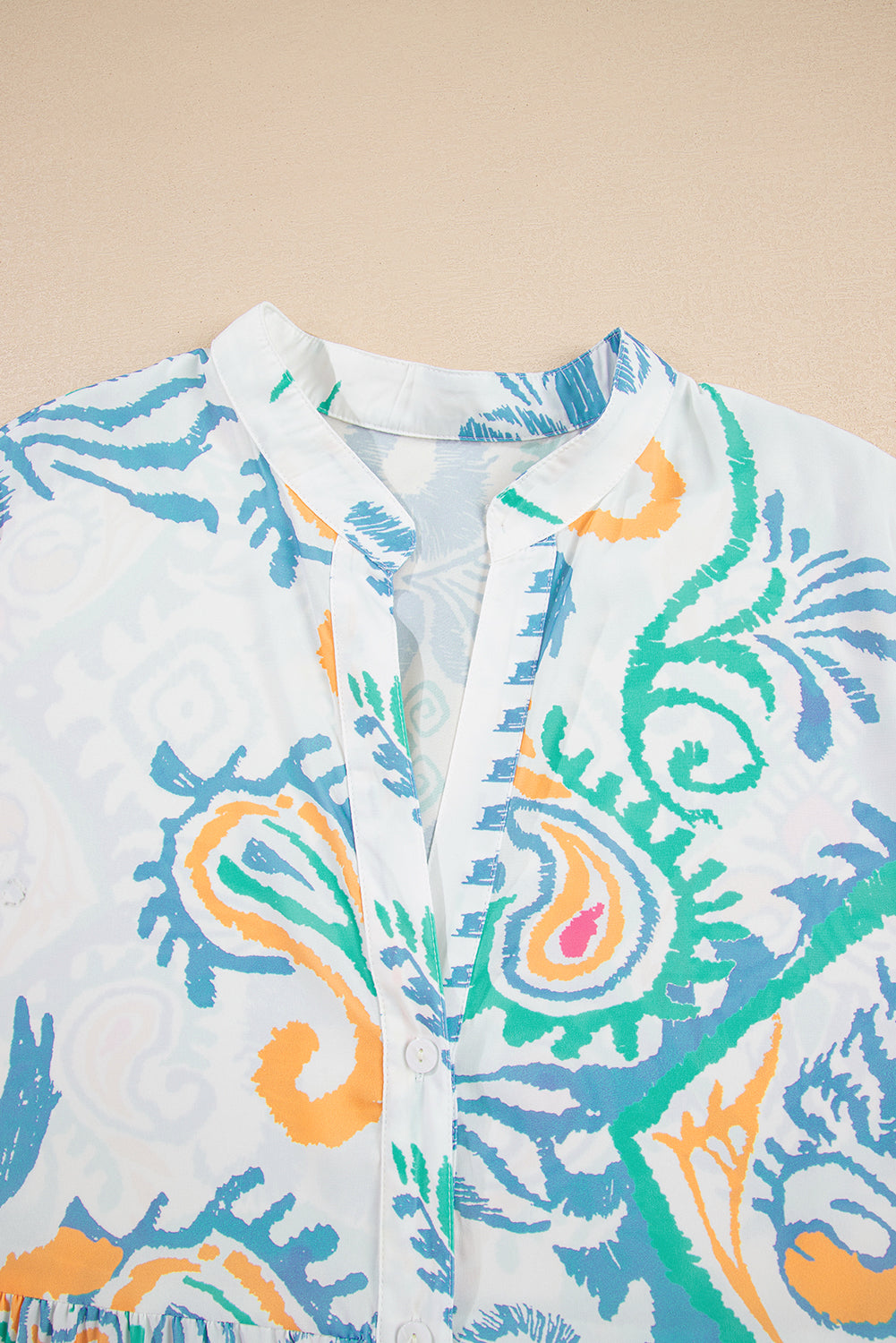 White Ethnic Print Boho Button Tiered Mini Dress