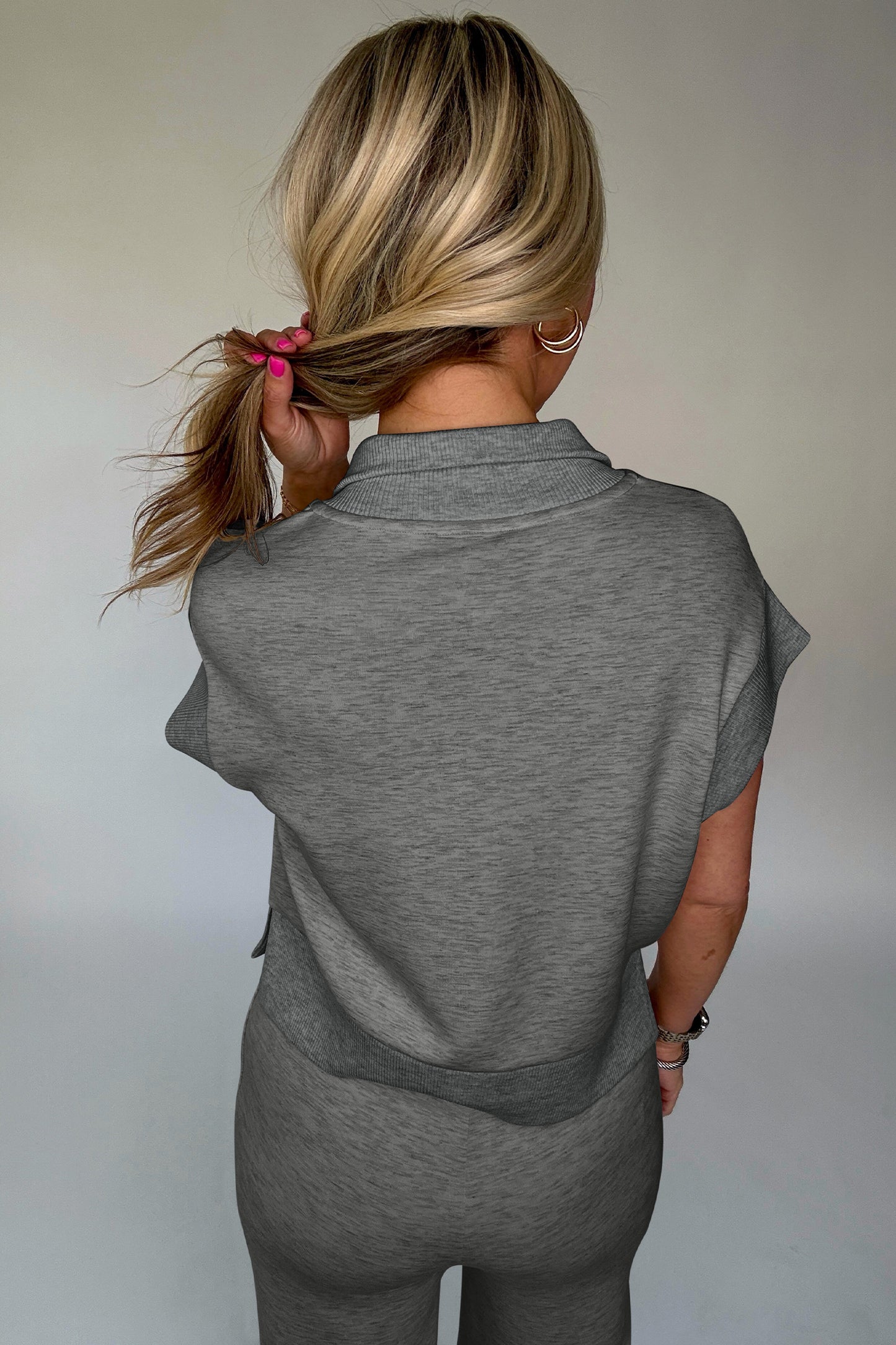 Gray Half Zip Polo Tee Casual Pant Set