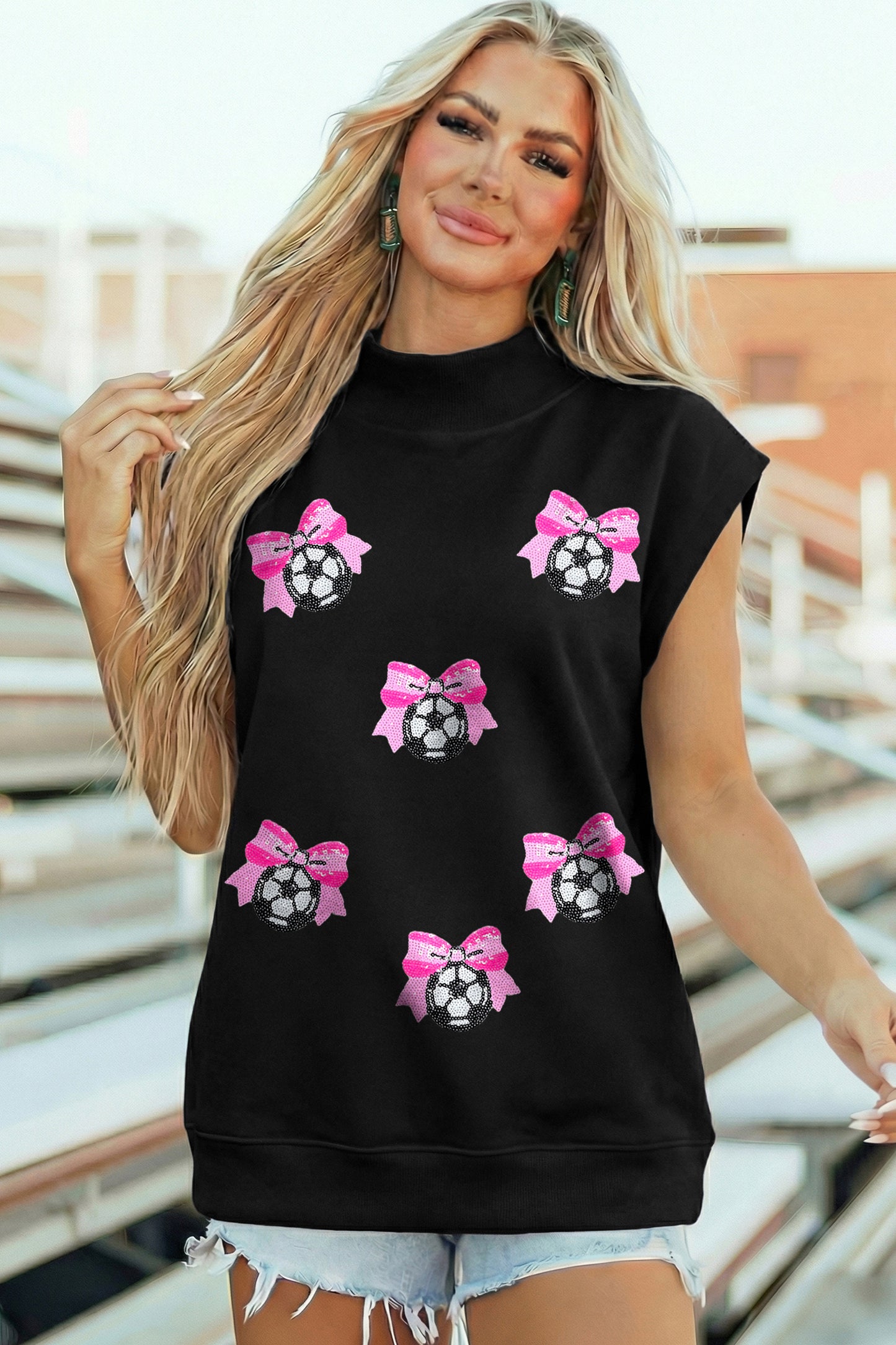 Black Sequin Bow Soccer Ball High Neck Short Sleeve Top