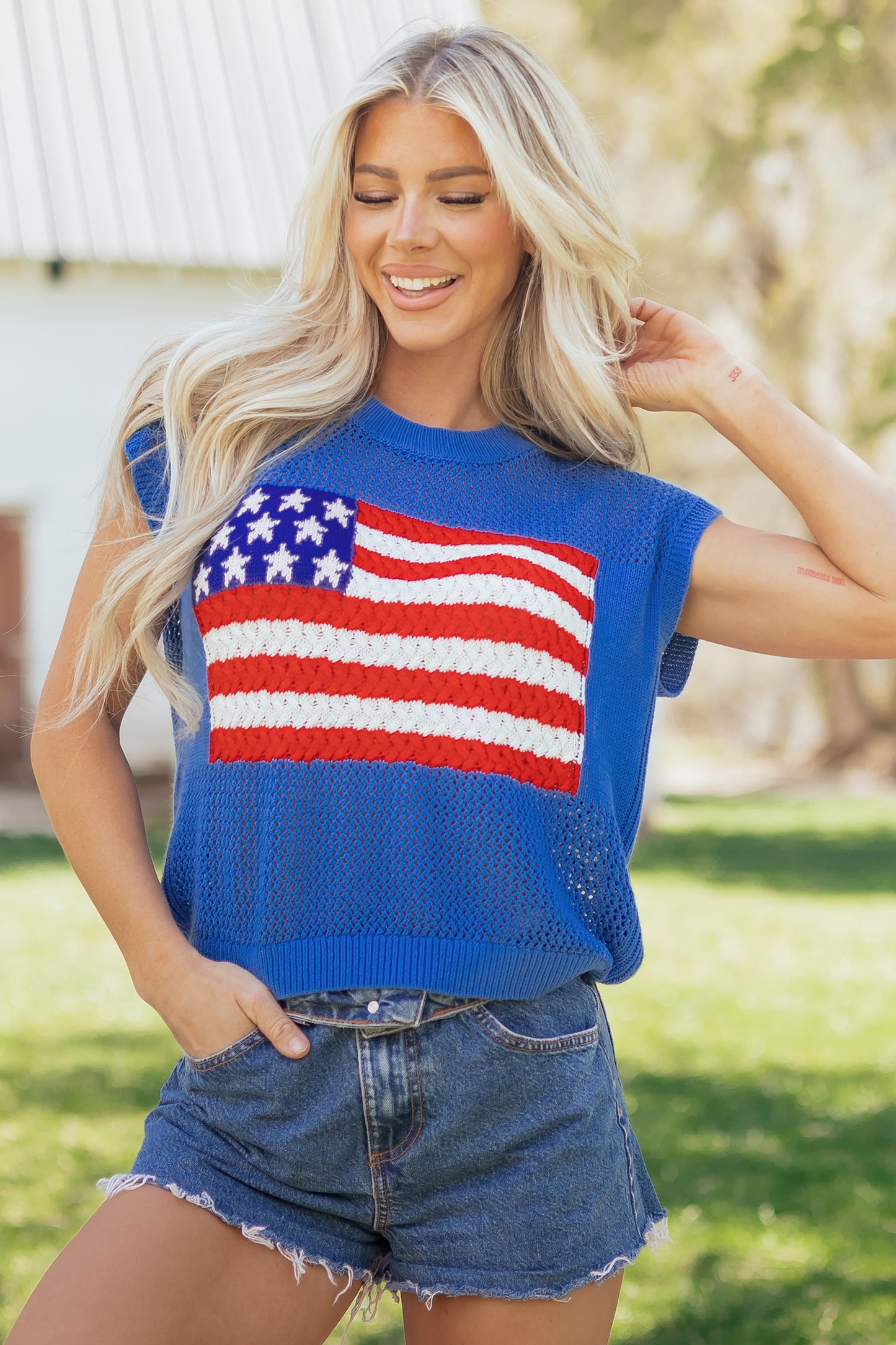 Fiery Red Flag Graphic Short Sleeve Sweater Top