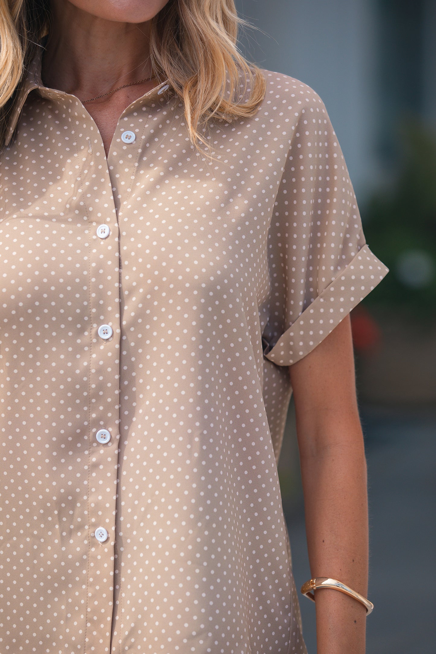 Khaki Dotted Print Cuffed Short Sleeve Shirt