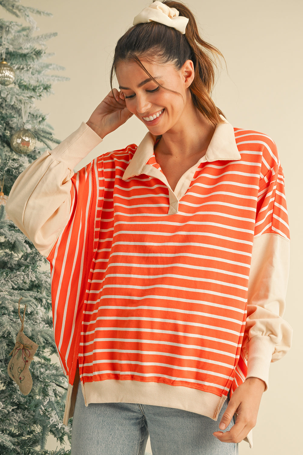 Orange Stripe Color Block Loose Fit Collared Drop Shoulder Sweatshirt