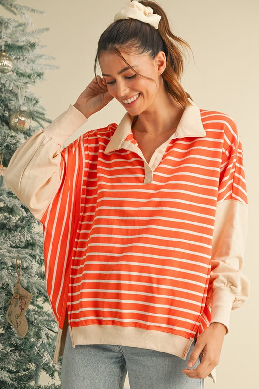 Orange Stripe Color Block Loose Fit Collared Drop Shoulder Sweatshirt