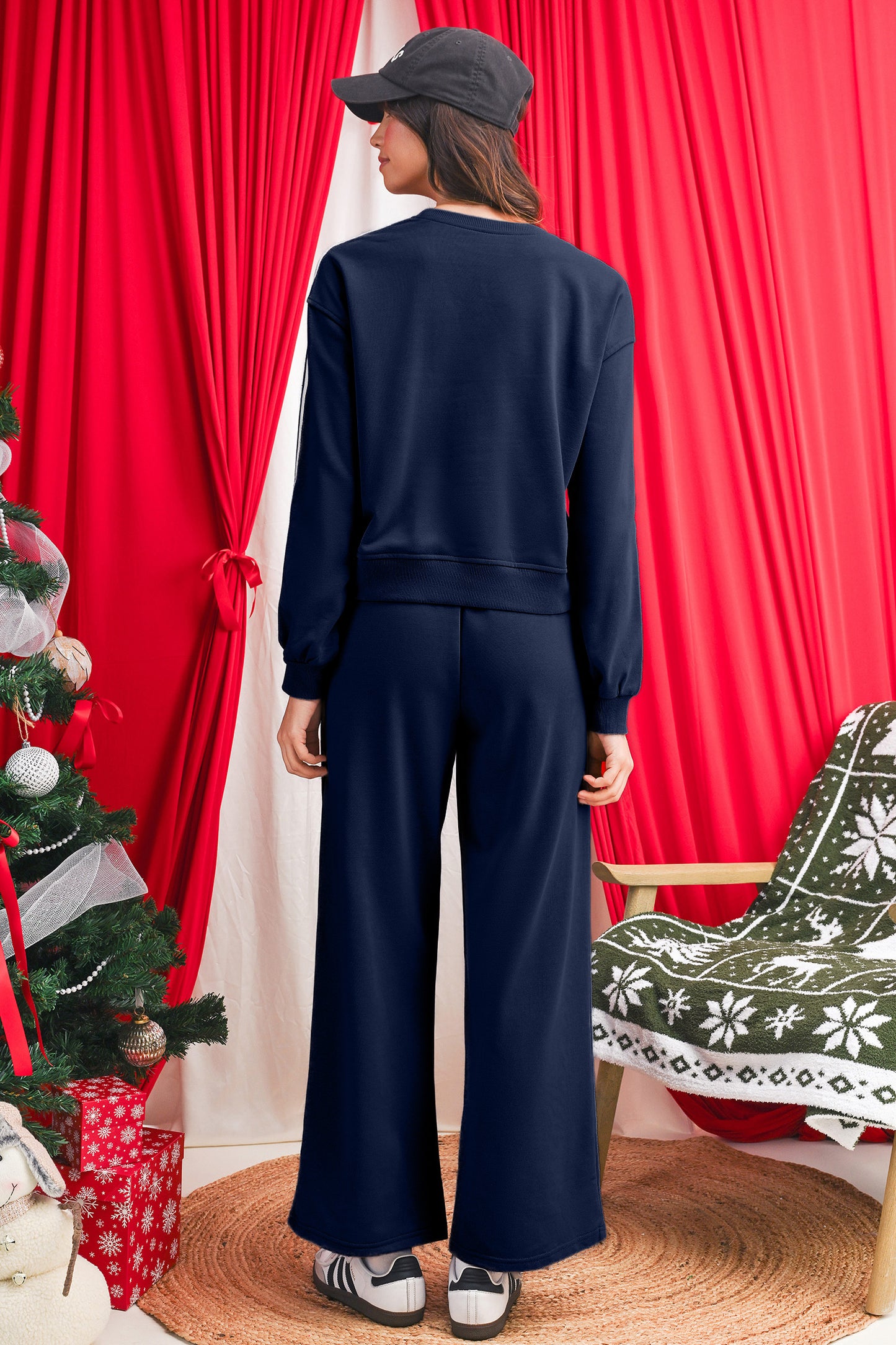 Dirty Blue Varsity Striped Detail Cropped Pullover Wide Leg Pants 2pcs Outfit