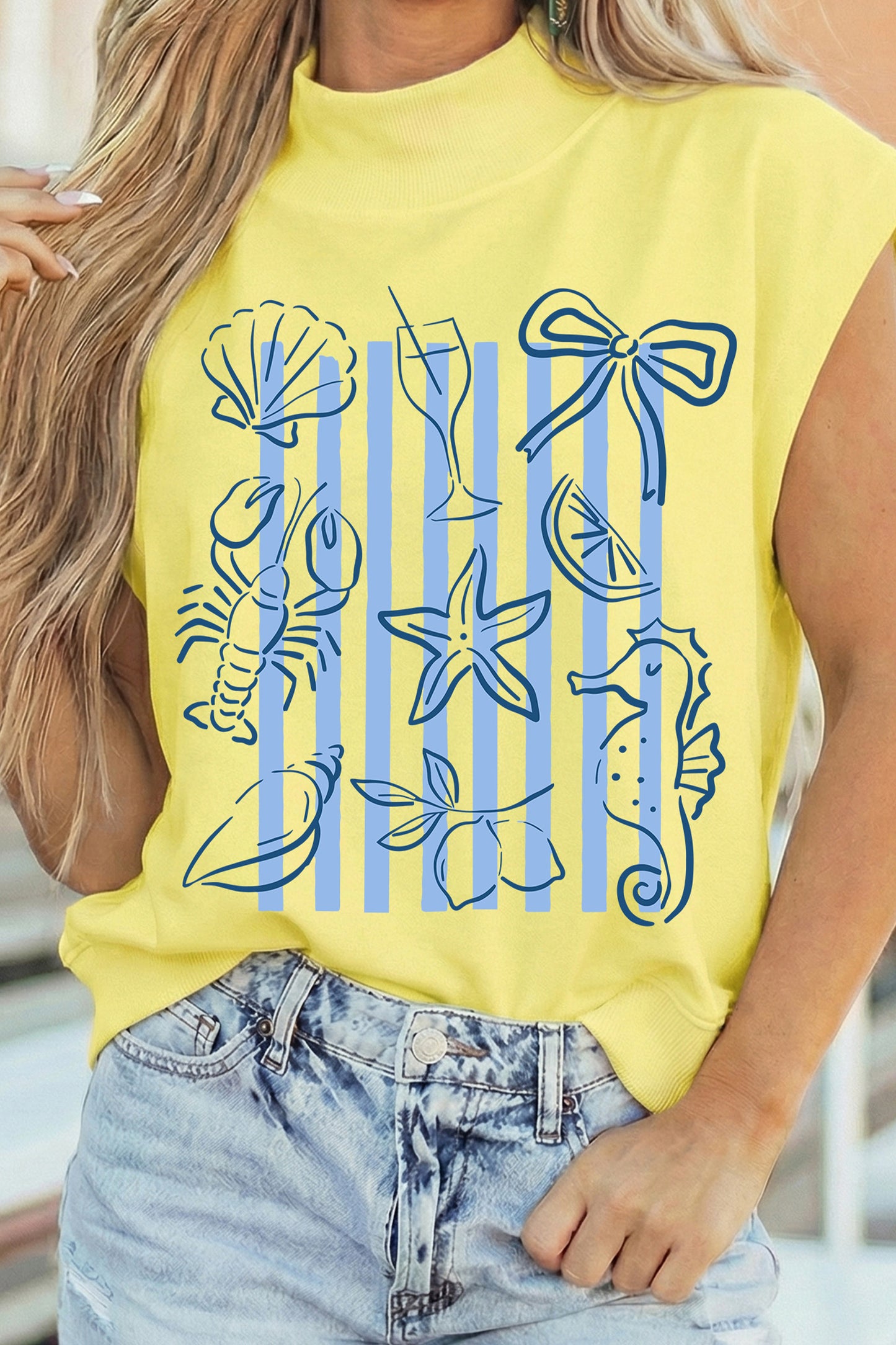 Yellow Seashell Coquette Striped Print High Neck Top