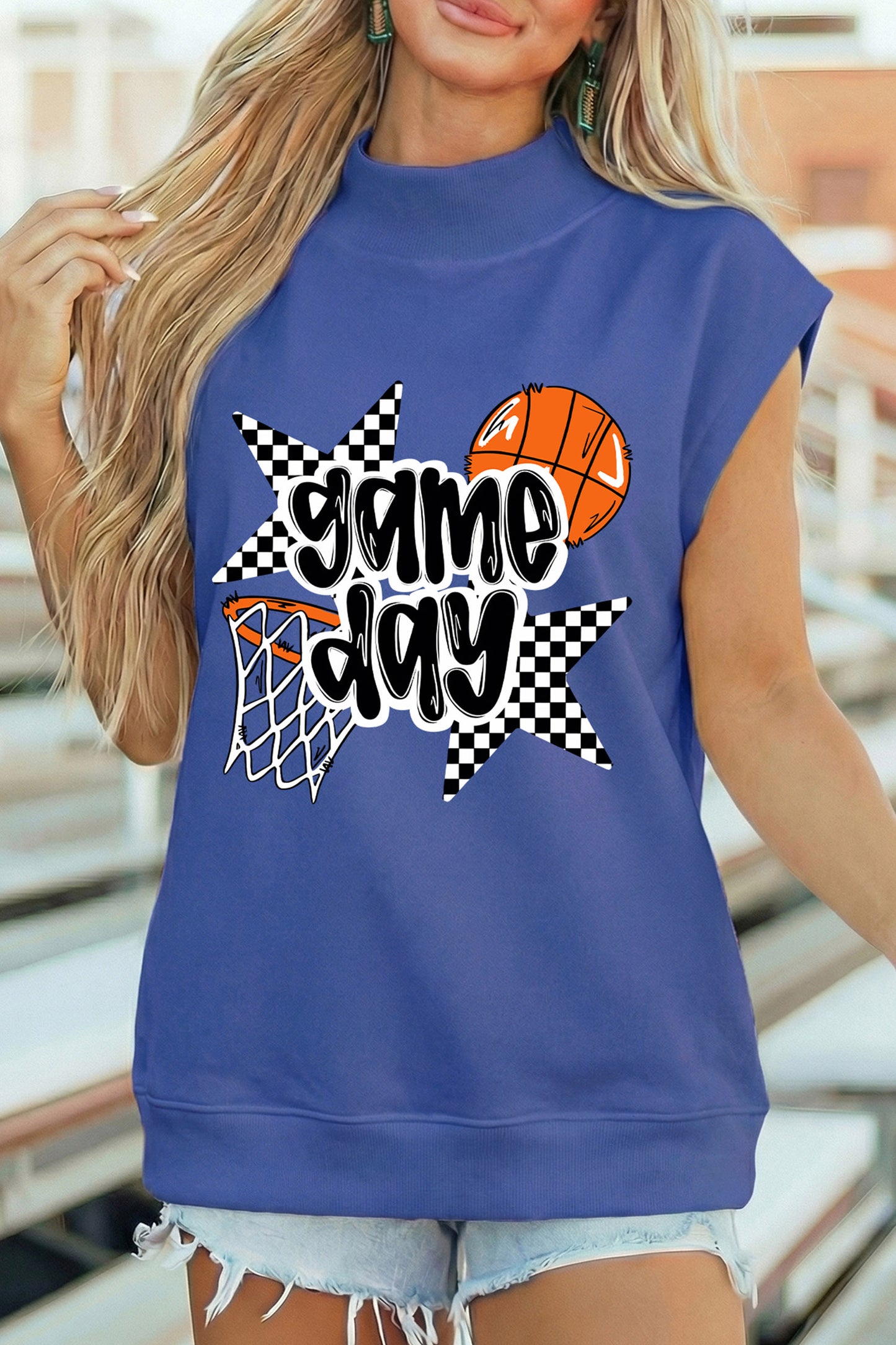 Sky Blue game day Basketball Motif Printed High Neck Tee