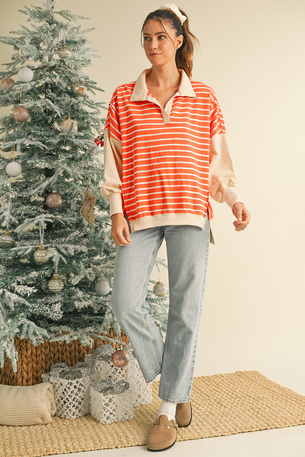 Orange Stripe Color Block Loose Fit Collared Drop Shoulder Sweatshirt
